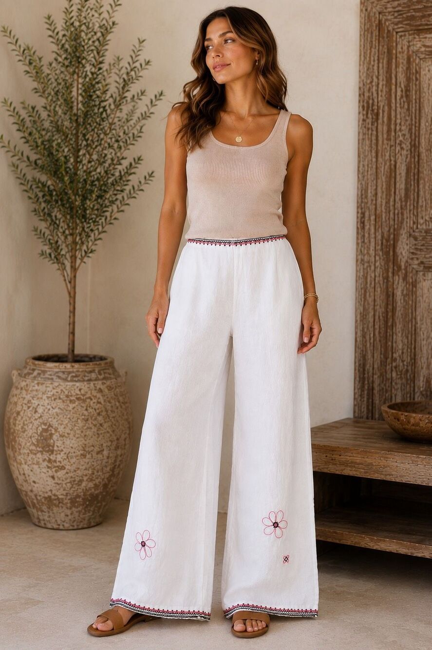 WilliSmith Women’s Size 14 100% Linen Wide Leg Pants Embroidered Boho White NWT